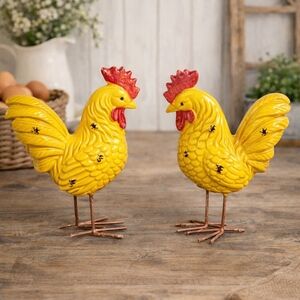 Set Of 2 Yellow Rooster Figurines